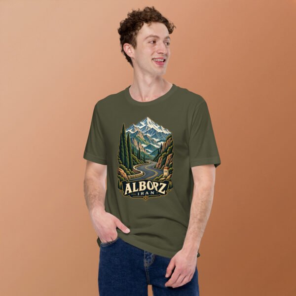 Military Green Alborz unisex t-shirt, front view with Chalus Road winding through the Alborz Mountains design