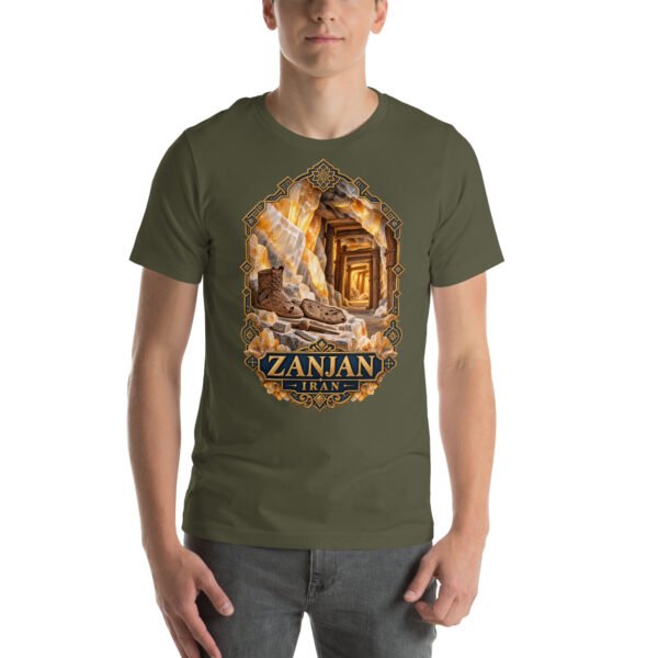 Military Green Zanjan unisex t-shirt, front view with Chehrabad salt mine and salt crystals design