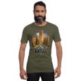 Military Green Yazd unisex t-shirt, front view with Narin Castle of Meybod and a traditional dovecote design