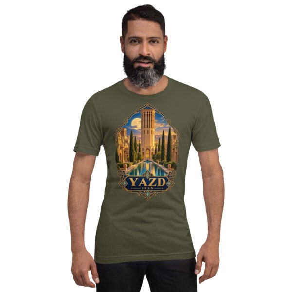 Military Green Yazd unisex t-shirt, front view with Narin Castle of Meybod and a traditional dovecote design