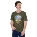 Military Green Tehran unisex t-shirt, front view with Azadi Tower and Mount Damavand design