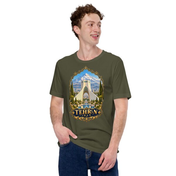 Military Green Tehran unisex t-shirt, front view with Azadi Tower and Mount Damavand design