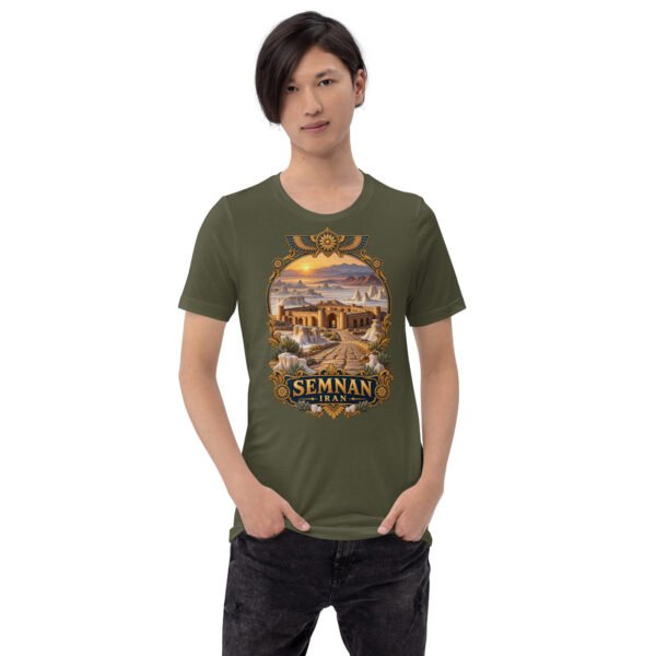 Military Green Semnan unisex t-shirt, front view with Qasr-e Bahram caravanserai in the Dasht-e Kavir design