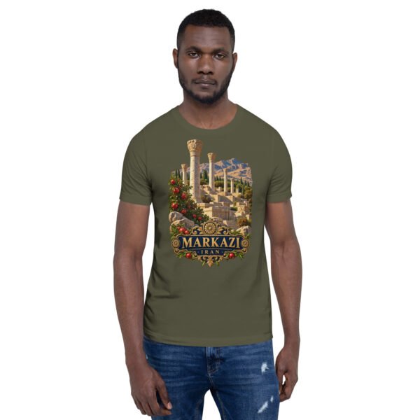 Military Green Markazi unisex t-shirt, front view with ancient columns of Khorheh design