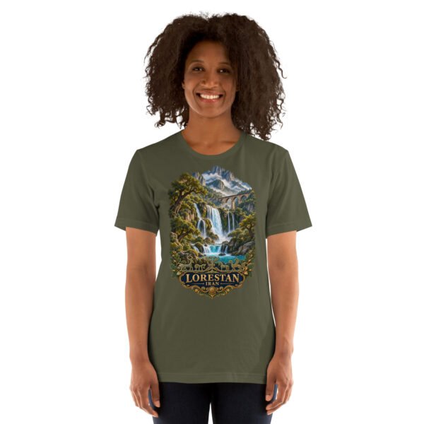 Military Green Lorestan unisex t-shirt, front view with Falak-ol-Aflak Castle in Khorramabad design