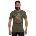 Military Green Kurdistan unisex t-shirt, front view with Ziwiye fortress and golden Mannaean motifs design