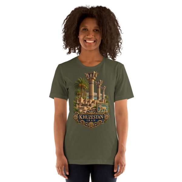 Military Green Khuzestan unisex t-shirt, front view with ancient Susa design
