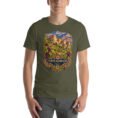 Military Green North Khorasan unisex t-shirt, front view with historic citadel of Shirvan and vineyards design