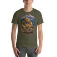 Military Green Khorasan Razavi unisex t-shirt, front view with Tomb of Ferdowsi in ancient Tus design