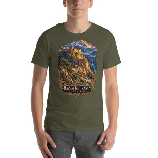 Military Green Khorasan Razavi unisex t-shirt, front view with Tomb of Ferdowsi in ancient Tus design