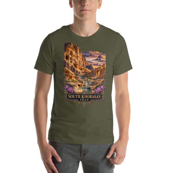 Military Green South Khorasan unisex t-shirt, front view with historic citadel of Birjand design