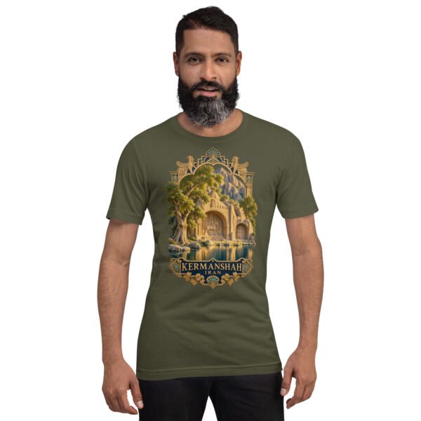 Military Green Kermanshah unisex t-shirt, front view with Taq-e Bostan Sasanian rock reliefs design