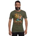 Military Green Hormozgan unisex t-shirt, front view with Portuguese Castle of Hormuz and the Persian Gulf design