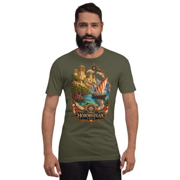 Military Green Hormozgan unisex t-shirt, front view with Portuguese Castle of Hormuz and the Persian Gulf design