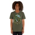 Military Green Gilan unisex t-shirt, front view with Rudkhan Castle in the Hyrcanian forest design