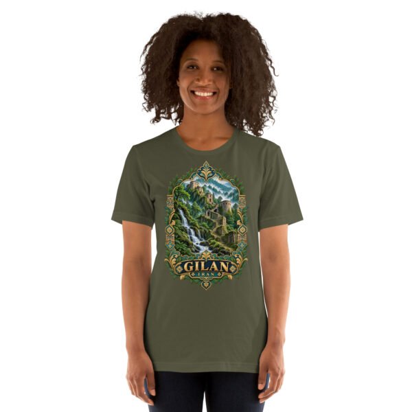 Military Green Gilan unisex t-shirt, front view with Rudkhan Castle in the Hyrcanian forest design