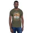 Military Green Qom unisex t-shirt, front view with Deir-e Gachin caravanserai in the desert design