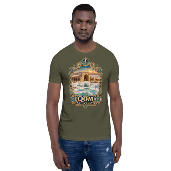 Military Green Qom unisex t-shirt, front view with Deir-e Gachin caravanserai in the desert design