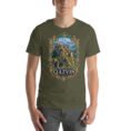 Military Green Qazvin unisex t-shirt, front view with Alamut Castle on its rocky Alborz cliff design