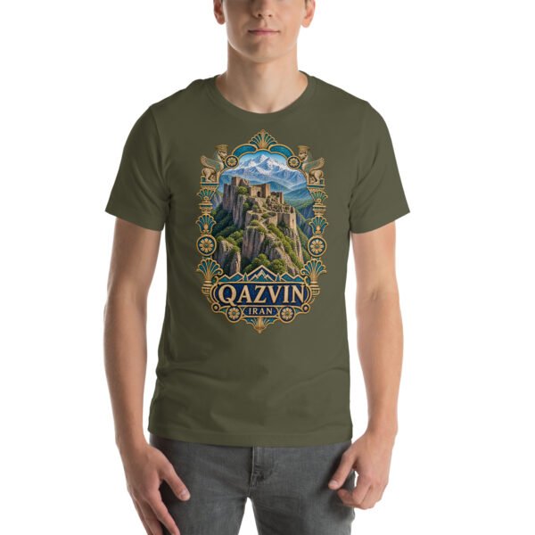 Military Green Qazvin unisex t-shirt, front view with Alamut Castle on its rocky Alborz cliff design