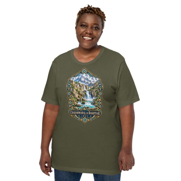 Military Green Chaharmahal and Bakhtiari unisex t-shirt, front view with Zard-Kuh and the Koohrang waterfall design