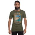 Military Green Bushehr unisex t-shirt, front view with ancient port of Siraf and the Persian Gulf design