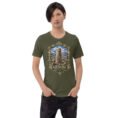 Military Green Ardabil unisex t-shirt, front view with ancient Shahr-e Yeri stone figures and Mount Sabalan design