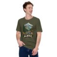 Military Green Alborz unisex t-shirt, front view with Chalus Road winding through the Alborz Mountains design