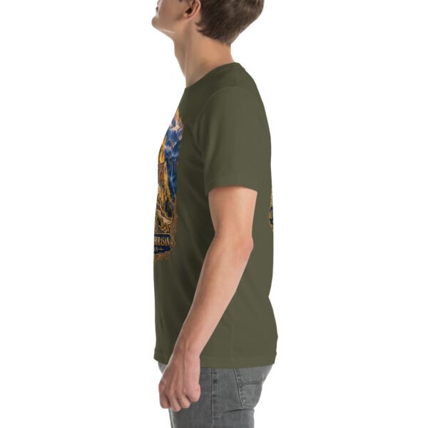 Military Green Khorasan Razavi unisex t-shirt, with Tomb of Ferdowsi in ancient Tus design