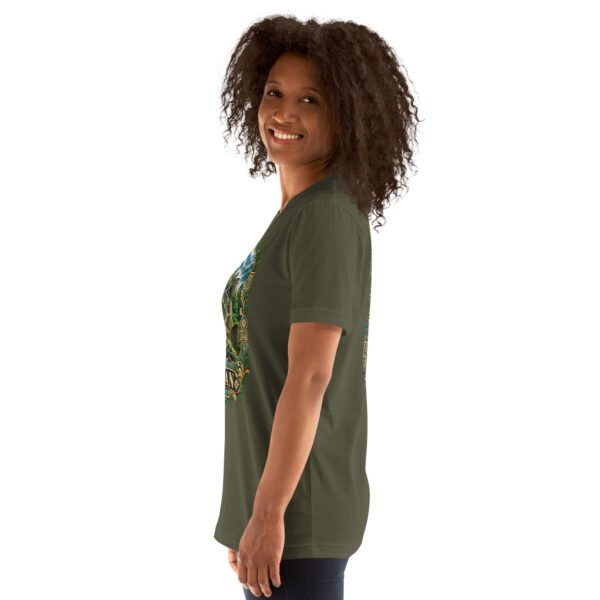 Military Green Gilan unisex t-shirt, with Rudkhan Castle in the Hyrcanian forest design