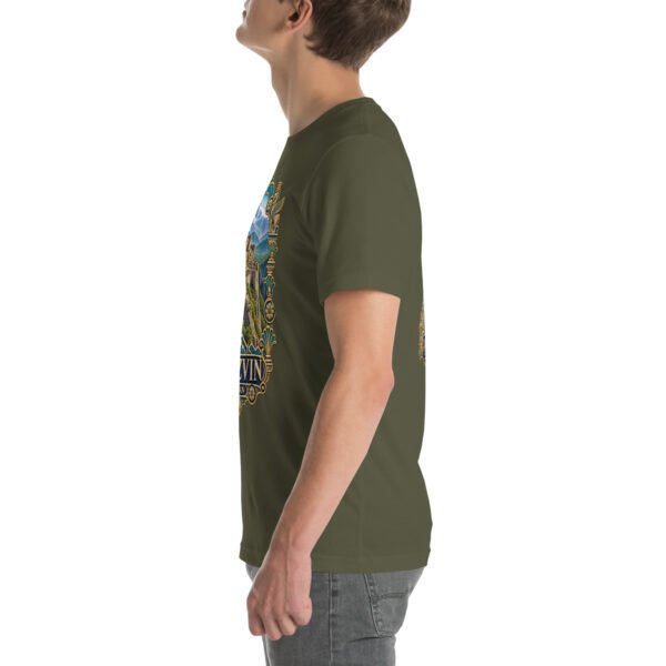Military Green Qazvin unisex t-shirt, with Alamut Castle on its rocky Alborz cliff design