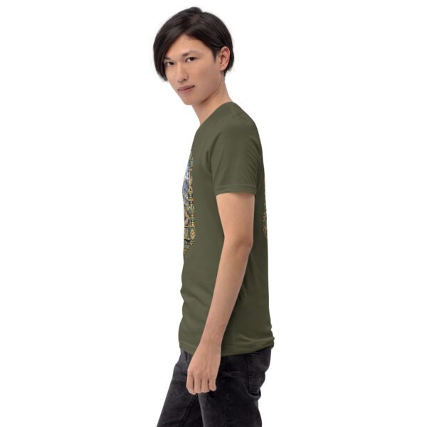 Military Green Ardabil unisex t-shirt, with ancient Shahr-e Yeri stone figures and Mount Sabalan design