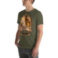 Military Green Zanjan unisex t-shirt, front view with Chehrabad salt mine and salt crystals design