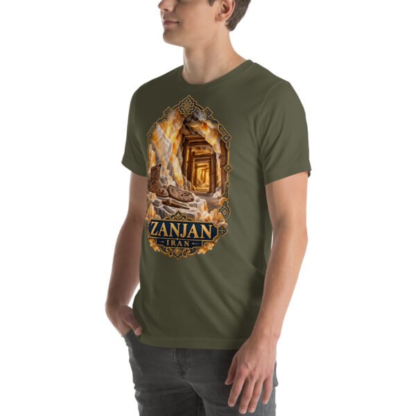 Military Green Zanjan unisex t-shirt, front view with Chehrabad salt mine and salt crystals design