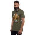 Military Green Yazd unisex t-shirt, front view with Narin Castle of Meybod and a traditional dovecote design