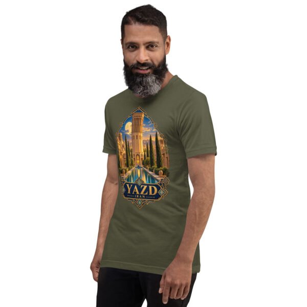 Military Green Yazd unisex t-shirt, front view with Narin Castle of Meybod and a traditional dovecote design
