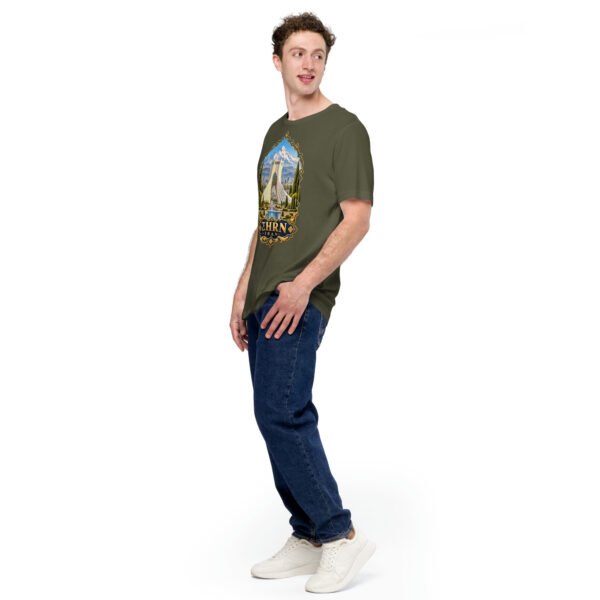 Military Green Tehran unisex t-shirt, front view with Azadi Tower and Mount Damavand design