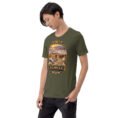 Military Green Semnan unisex t-shirt, front view with Qasr-e Bahram caravanserai in the Dasht-e Kavir design