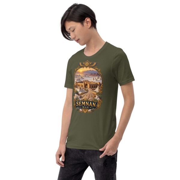Military Green Semnan unisex t-shirt, front view with Qasr-e Bahram caravanserai in the Dasht-e Kavir design