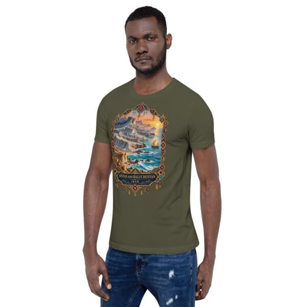 Military Green Sistan and Baluchestan unisex t-shirt, front view with Shahr-e Sukhteh, the Burnt City design