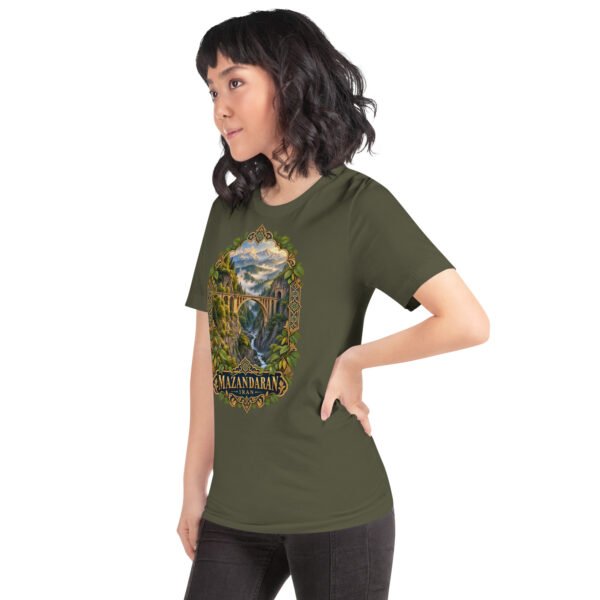 Military Green Mazandaran unisex t-shirt, front view with terraced springs of Badab-e Surt in the Hyrcanian forest design