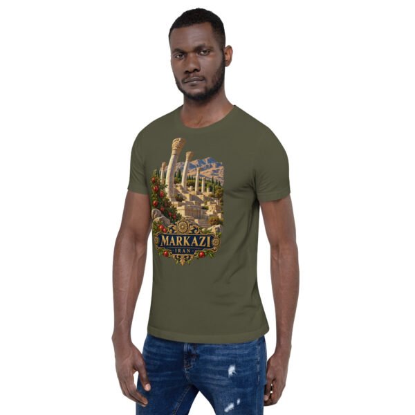 Military Green Markazi unisex t-shirt, front view with ancient columns of Khorheh design