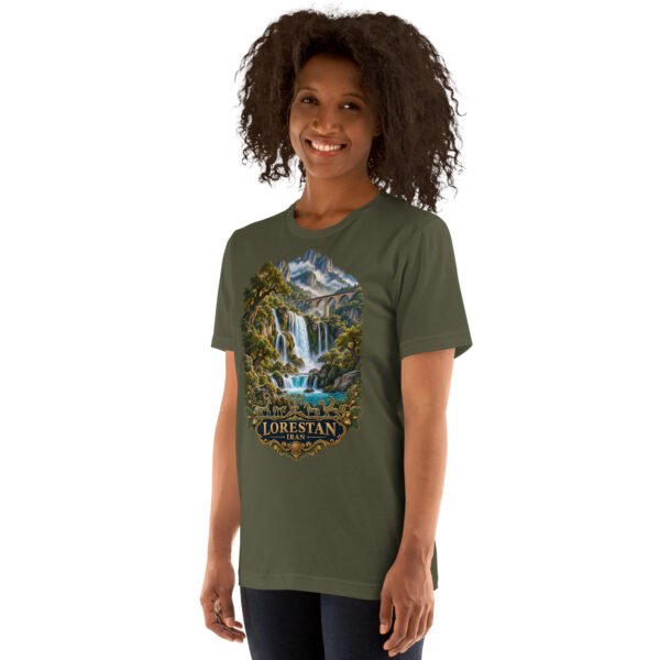 Military Green Lorestan unisex t-shirt, front view with Falak-ol-Aflak Castle in Khorramabad design