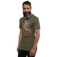 Military Green Kurdistan unisex t-shirt, front view with Ziwiye fortress and golden Mannaean motifs design