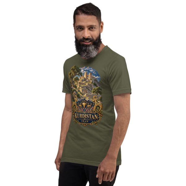 unisex-staple-t-shirt-military-green-left-front-6acbcf7f1ef2d.jpg Military Green Kurdistan unisex t-shirt, front view with Ziwiye fortress and golden Mannaean motifs design