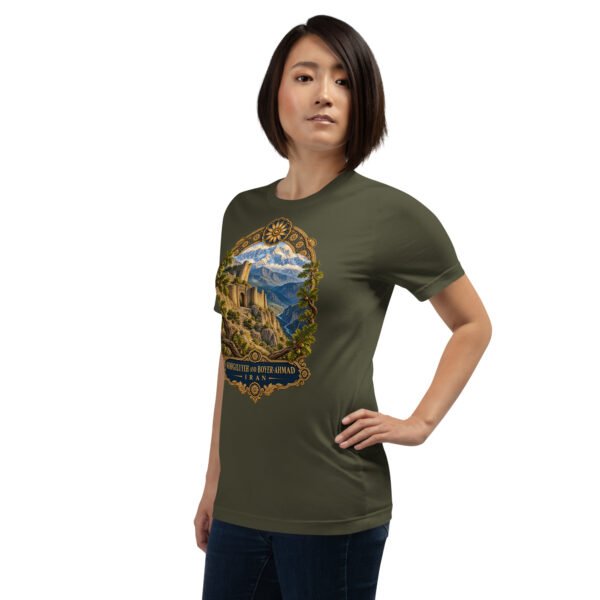 unisex-staple-t-shirt-military-green-left-front-6acbd04933d7e.jpg Military Green Kohgiluyeh and Boyer-Ahmad unisex t-shirt, front view with Tang-e Balqis gorge and Mount Dena design