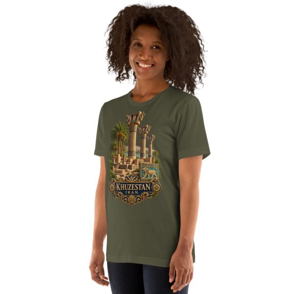 Military Green Khuzestan unisex t-shirt, front view with ancient Susa design
