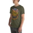 Military Green North Khorasan unisex t-shirt, front view with historic citadel of Shirvan and vineyards design