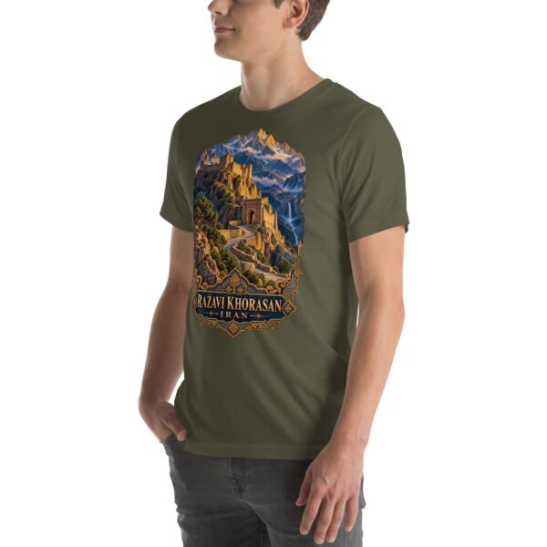 Military Green Khorasan Razavi unisex t-shirt, front view with Tomb of Ferdowsi in ancient Tus design