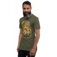 Military Green Kermanshah unisex t-shirt, front view with Taq-e Bostan Sasanian rock reliefs design